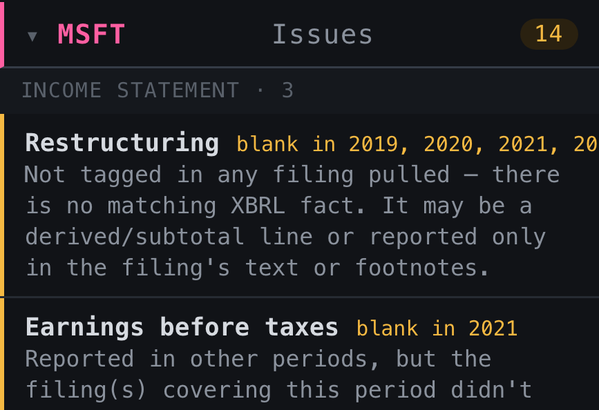 Filing Studio — the Issues panel listing MSFT rows that need review, each with the reason it was flagged